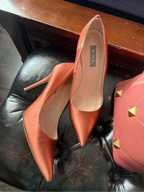 SJP Satin Pointed-Toe Pumps in Rust 40